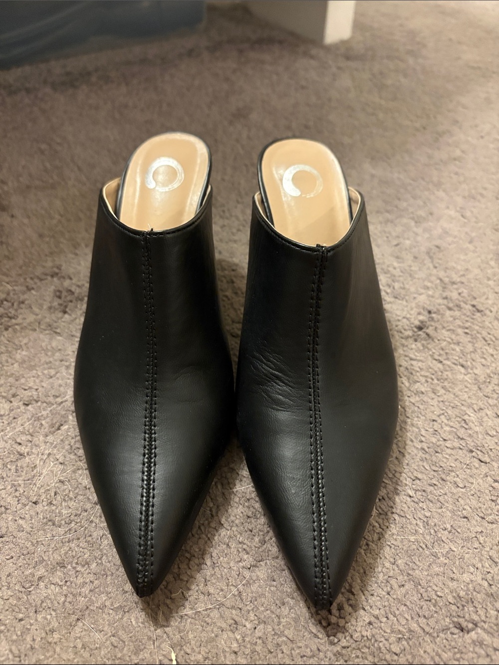 Pointed Toe Black Leather Mule Heels